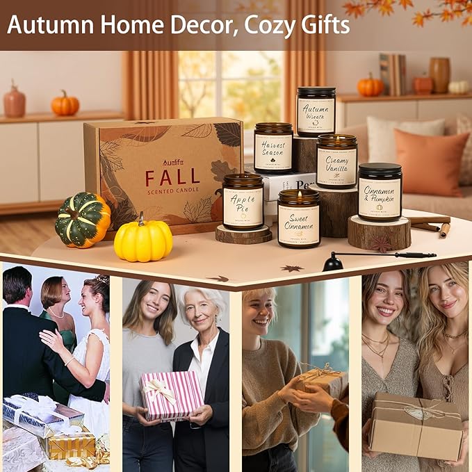Auelife Scented Candles, 6 Pack Winter Candle Set, 42 oz Holiday Soy Candles, Candle Gifts Set for Men and Women, Home Decor of Wreath/Apple/Latte/Harvest/Vanilla/Cinnamon