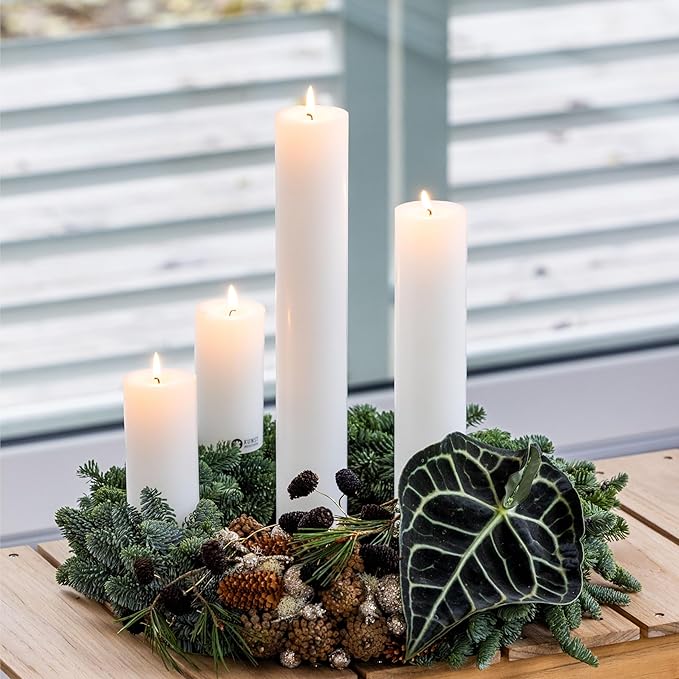White Pillar Candles, Handmade in Europe, 4 Pack – RSPO Certified, Dripless & Smokeless Velas, Long Burning Candles 70 Hours per Large Candle, Unscented Candle Set (4 pcs, Ø 2.8 in x H 4.7 in, White)