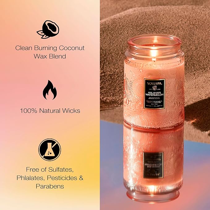 Voluspa Kalahari Watermelon, Large Candle Jar, 18 oz, 100 Hour Burn Time, Coconut Wax for Clean Burning, Handcrafted in the USA