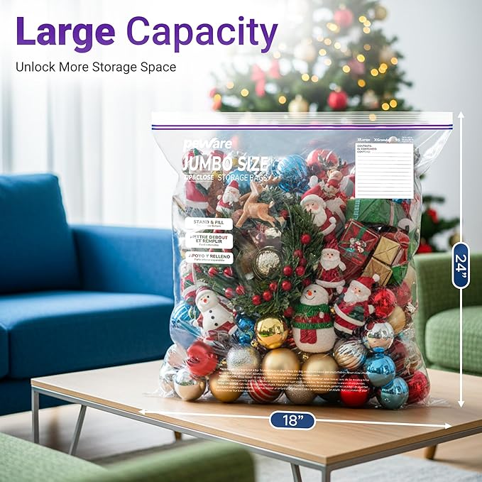 Large Storage Bags, 18"x24" Jumbo Plastic Bag, BPA Free, 5 Gallon XL Zipper Lock Baggies for Clothes Pillow Travel Moving - 50 Jumbo Bags