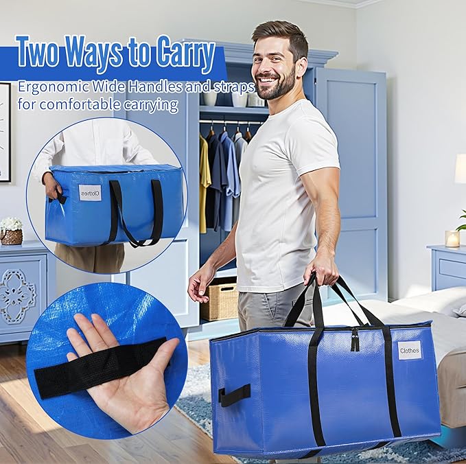 BAGAIL Heavy Duty Moving Bags with Strong Handle, Extra Large Moving Boxes, Storage Tote for Clothes, College Moving Supplies(Blue, 8 Pack)