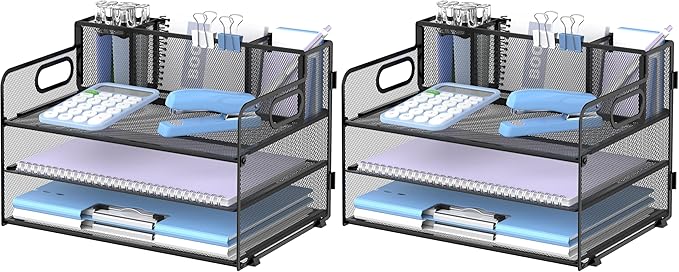 SUPEASY 3 Tier Desk Organizer with Handle & 3 Pen Holders, Mesh Paper/File Organizer for Desk, Paper Letter Tray Organizer for Office Supplies (Black) (Pack of 2)