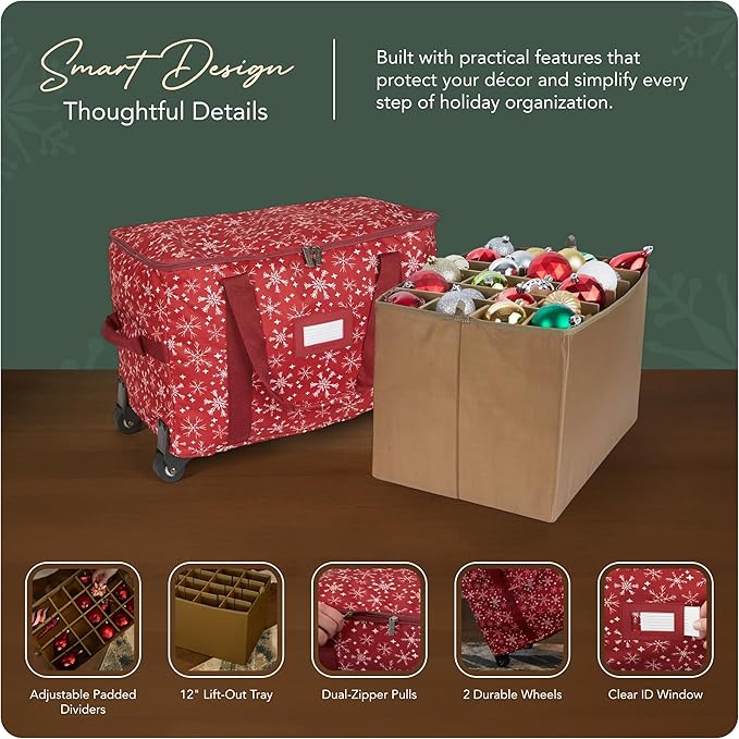 Covermates Keepsakes Rolling Adjustable Ornament Storage Bag – Heavy-Duty Polyester, FlexGrid Trays & Padded Dividers – Protective Holiday Organizer with Wheels, Handles & ID Window, Red Snowflake