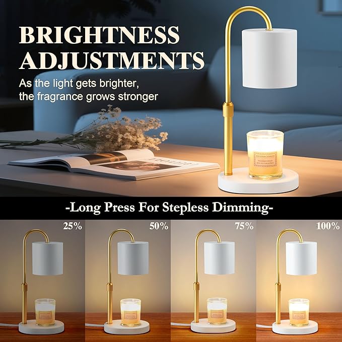Dreamholder Electric Candle Warmer Lamp with Timer & Dimmer, Adjustable Height Wax Melt Warmer for Jar Candles, Wood Base Candle Melter, Floral Home Decor Gifts for Women, Mom, White Gold