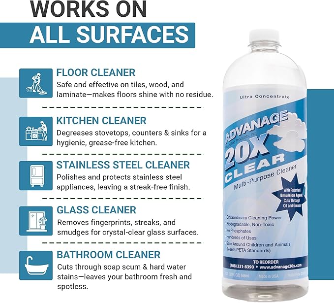 Advanage 20X All Purpose Cleaner Concentrate - The Wonder Cleaner Unscented for All Surfaces Around Bathroom, Kitchen, Oil and Grease | Multi Purpose Cleaner for Household Cleaning Solution | 32 Fl Oz