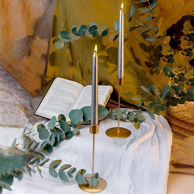 Horizon Unscented 10-Piece Taper Candle Set – 9 Hours Burning Time Smokeless & Dripless Candles for Centerpieces at Wedding, Holiday Dinners, Festive Parties and Home Decor - Metallic Silver