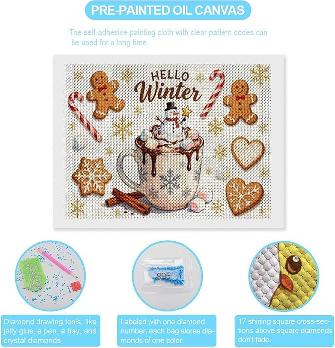 Diamond Painting Kits for Adults - Hello Winter Ice Cream & Gingerbread Snowflakes & Candles Painting DIY 5D Full Drill Diamond Dots Paintings with Diamonds Gem Art And Crafts Home Decor 12"x16"