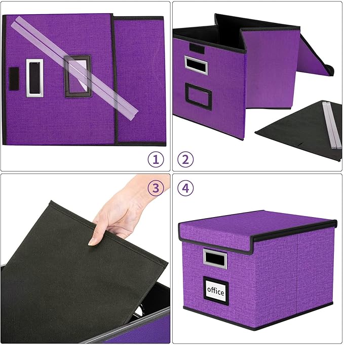 Huolewa File Organizer Box with Lid, Collapsible File Folder Organizer for Office Document Storage, Filing Box with Plastic Slide for Letter Size Hanging File Folders(1 Pack, Purple)