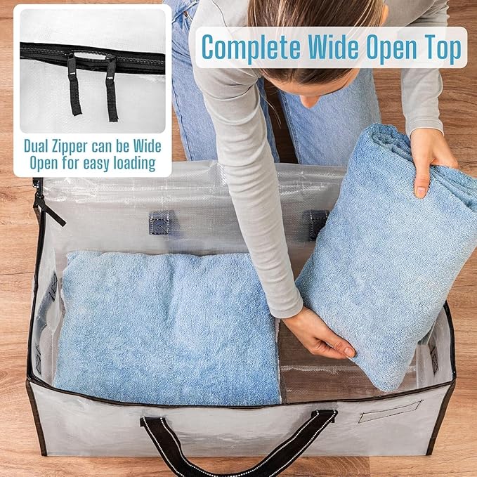 VENO 4 Pack Heavy Duty Moving Bags, Clear Storage Bags for Clothes and Comforters, College Dorm Essentials Packing Supplies, Foldable Boxes Alternative (Clear, 4 Pack)