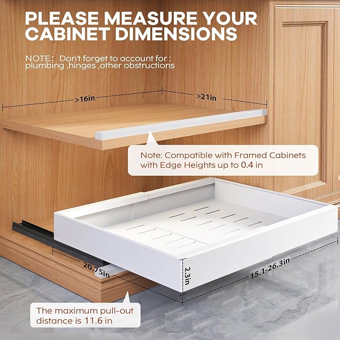 4 Pack Expandable (15.1"-26.3") Pull Out Cabinet Organizer 21" Deep With Raising Pad for Framed Cabinets,Upgrade 3 Slide Rails Slide Out Drawers,No Drill Roll Out Shelves Adhesive,White