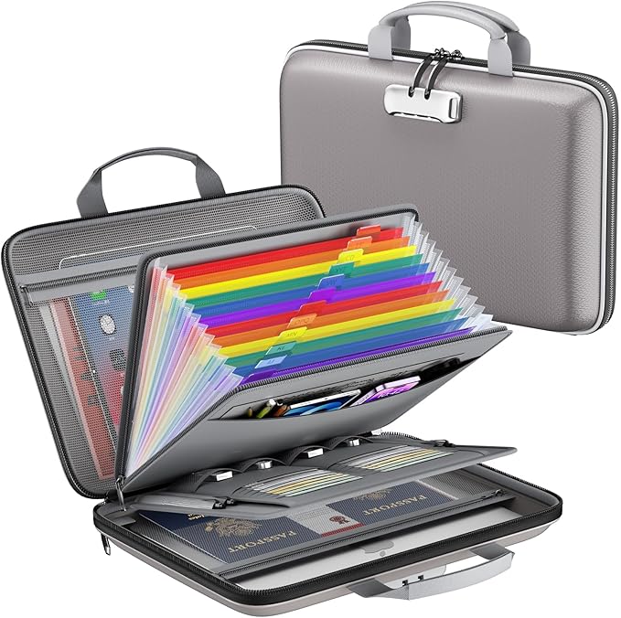 Fireproof File Organizer,Fireproof Document Box with Lock,Large 13 Pocket Expanding File Folder,Hard-Shell Portable Safe Storage for Letter/Legal Document,Laptop,Valuables-Light Gray