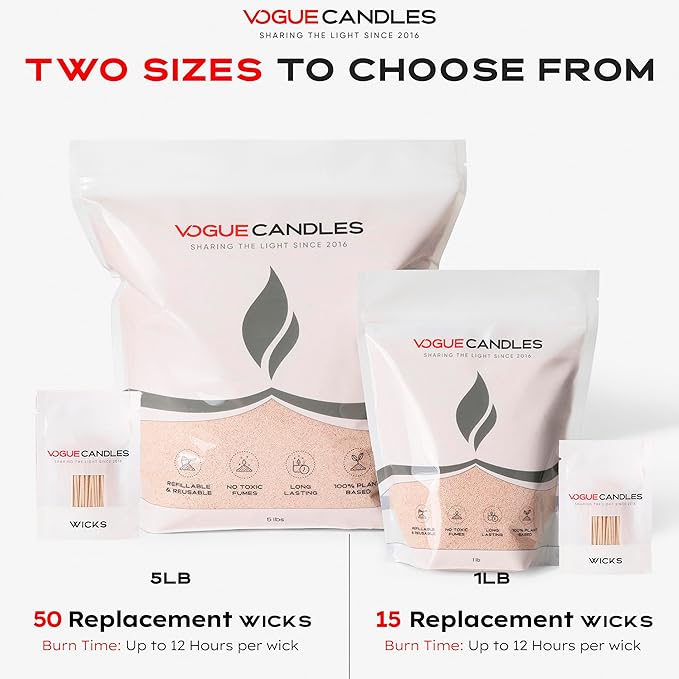 Vogue Candles Granulated Nude Wax Refill – 1LB Pearled Candle Sand Wax – Sand Candle Kit with 15 Cotton Wicks for DIY Home Lighting – Plant-Based & Reusable for Clean Burning, Custom Vessels & Décor