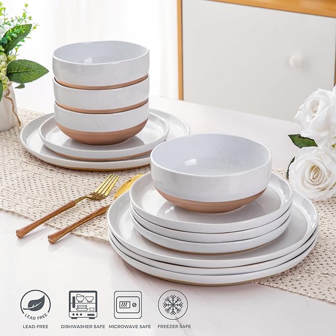 AmorArc Ceramic Dinnerware Sets with Pasta Bowls for 8, Handpainted Plates and Bowls Set with Rustic Terracotta Underside, Scratch Resistant Dishes Set, Dishwasher & Microwave Safe, 32 Pcs