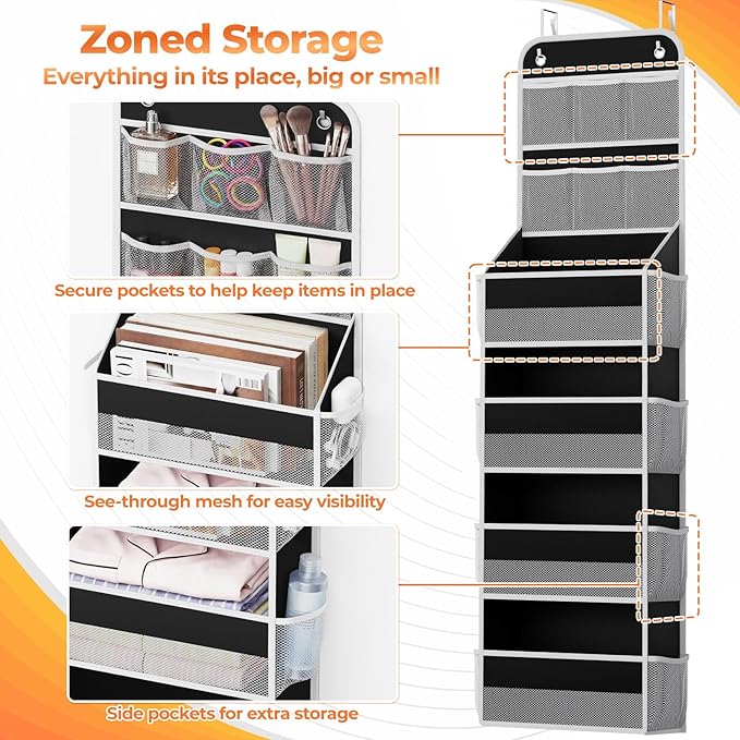 SpaceHacks 6-Tier Over the Door Organizer with Mesh Pockets, Baby Nursery Storage for Closet, Bathroom and Bedroom, Adjustable Hanging Closet Organizer for Cosmetics, Books and Essentials（Black）