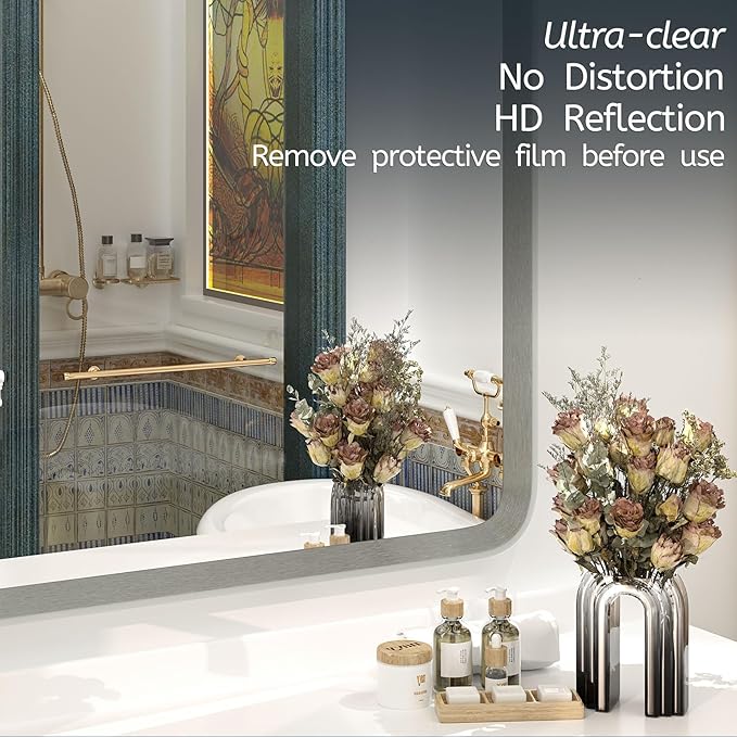 OKPAL 44 x 36 Brushed Nickel Bathroom Mirror for Wall, Rounded Rectangle Silver Framed Bathroom Vanity Mirror, Beveled Silver Vanity Mirror, Anti-Rust, HD Shatterproof Glass