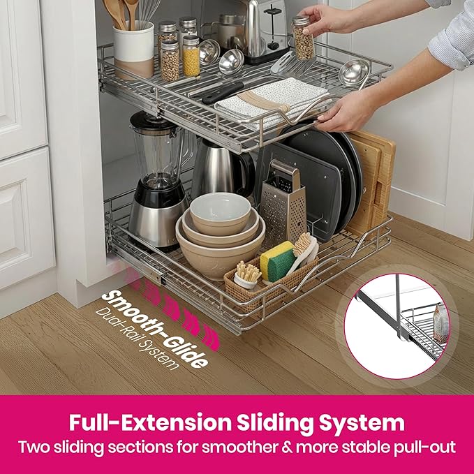 2-Tier Pull-Out Cabinet Organizer with Heavy-Duty Steel Frame, Full-Extension Sliding Shelves, Holds 100 lbs, Easy Install for Kitchen, Pantry & Under Sink Cabinets, 14" W x 21”D x 16.5" H