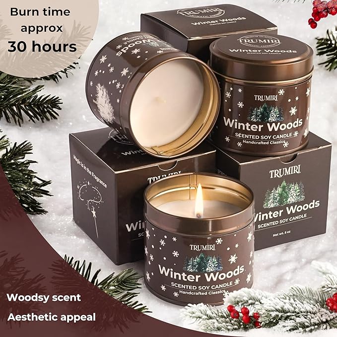 Winter Woods - Soy Candles for Home Scented - for Fall Christmas Holidays - Pack of 3 x 5oz Natural Clean Non Toxic - Long Lasting Highly Scented Pet Safe - Velas Aromáticas para el Hogar Pine Candel