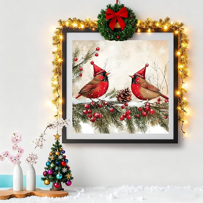 VIGEGU Christmas Diamond Art Kits for Adults - Cardinal Birds Diamond Painting Kits for Adults,Winter 5D DIY Full Round Drill Paint with Diamonds Dots Gem Art Crafts Kits for Home Decor 12x12 in