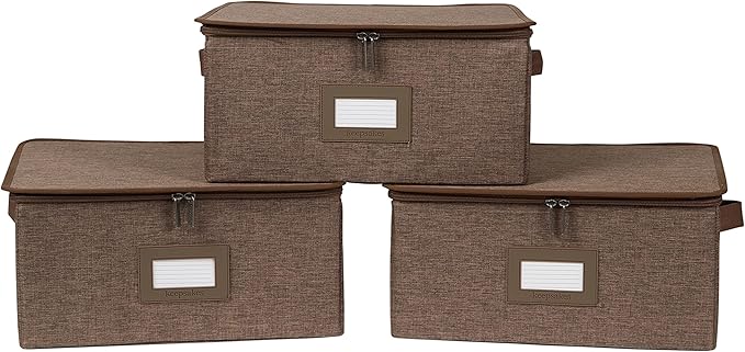 Covermates Keepsakes Zip-Top Storage Box Set, 3 Pack Heavy Duty Polyester Organizer Bins, Stackable Design, ID Window, Reinforced Handles, Closet Home Storage, Brown Heather