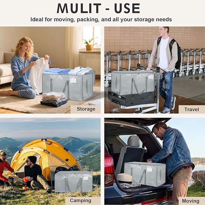 12 Pack-Extra Large Heavy Duty Moving Bags - Waterproof Storage Totes with Handles & Zippers, Foldable for College Dorm, Storage (light gray)