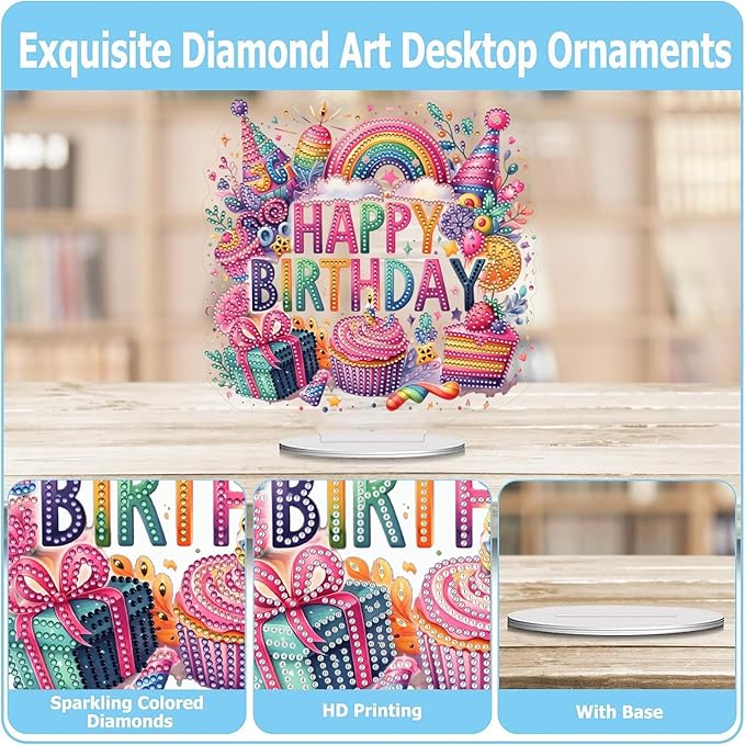 ARTopet DIY Diamond Desktop Ornament PET Irregular Shape Special Shaped Crystal Double Sided Pattern Single Sided Diamond Art Painting Tabletop Home Ornaments Decor-Happy Birthday
