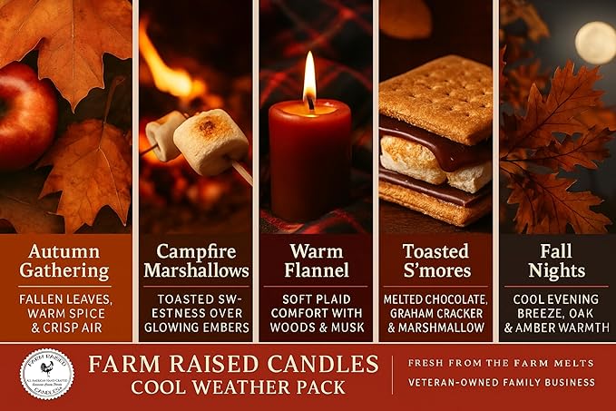 Farm Raised Candles – Fresh from the Farm Soy Wax Melts – Variety Pack – 5 Pack, 16oz Total (30 Cubes) – Autumn Gathering, Campfire Marshmallows, Warm Flannel, Toasted S’Mores, Fall Nights