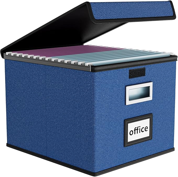 Huolewa File Organizer Box with Lid, Collapsible File Folder Organizer for Office Document Storage, Filing Box with Plastic Slide for Letter Size Hanging File Folders(1 Pack, Royal Blue)