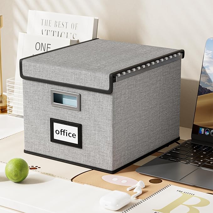 Huolewa Collapsible File Storage Organizer Boxes with Lids, Portable Large Linen Hanging Filing Storage Boxes, Decorative Home/Office Filling System for File and Folder Storage (Grey)-2 Pack