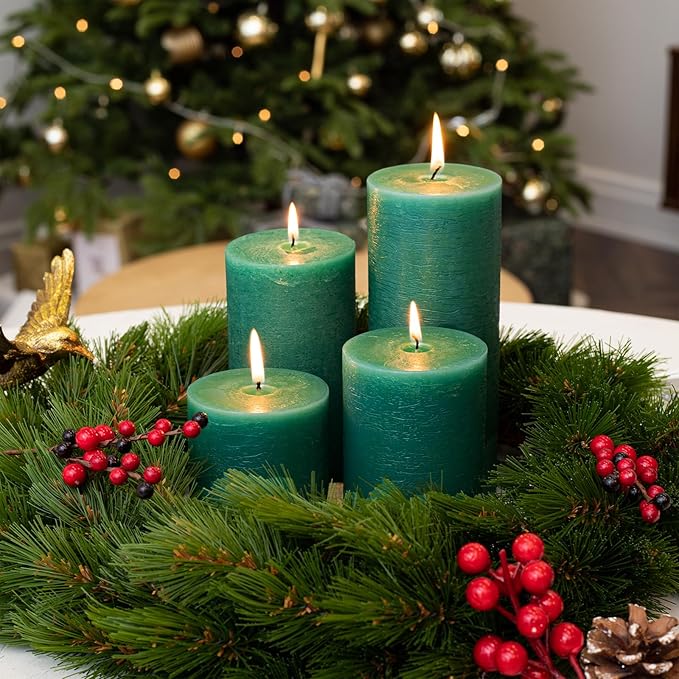 CANDWAX 3x6 Inch Green Pillar Candles Set of 3 - Large Unscented Dripless Green Candles, Rustic Decorative Style for Weddings, Special Events, Home Décor, Christmas Decorations