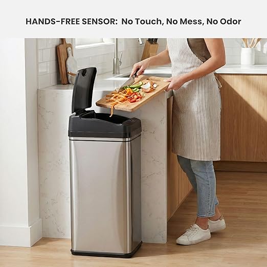 iTouchless 13 Gallon Sensor Trash Can with AC Adapter, Battery-Free Stainless Steel Automatic Bin with Odor Filter, Great for Kitchen and Office