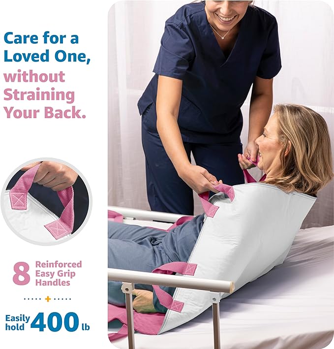Improvia Positioning Bed Pad, with 8 Reinforced Handles, Quick-Drying, Washable, Waterproof, for Lifting, Turning, Transfering, Elderly and Incontinence Patients (Pink, 34" x 52" - Pack of 1)