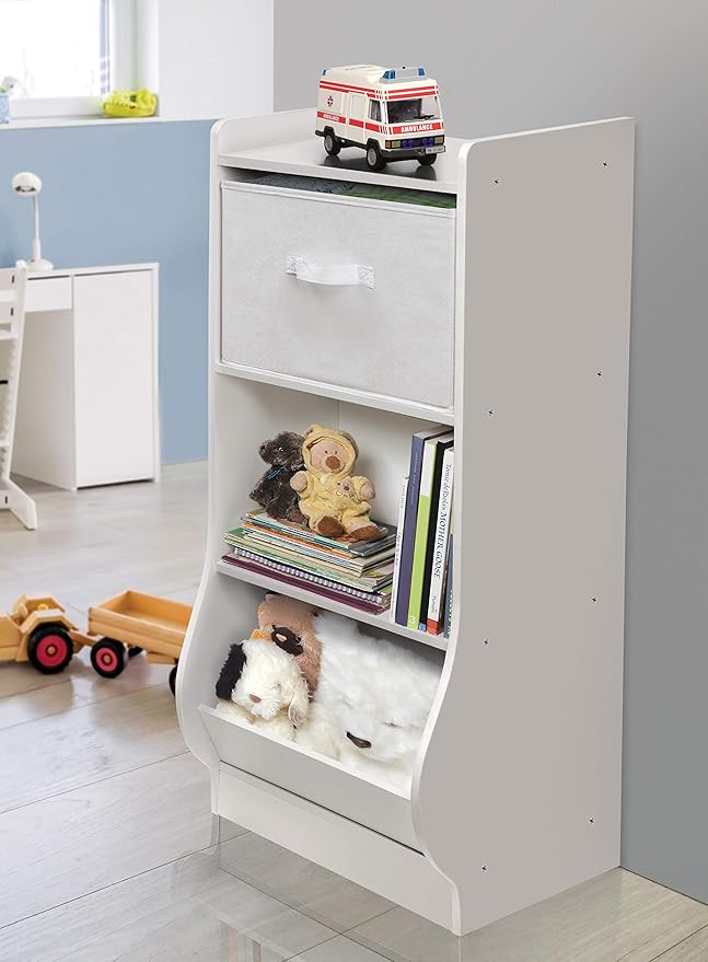 Badger Basket Upright Storage Nook with Reversible Basket - Melamine Surface, 2 Shelves & 1 Angled Bin, Customizable Storage Solution for Kids - White
