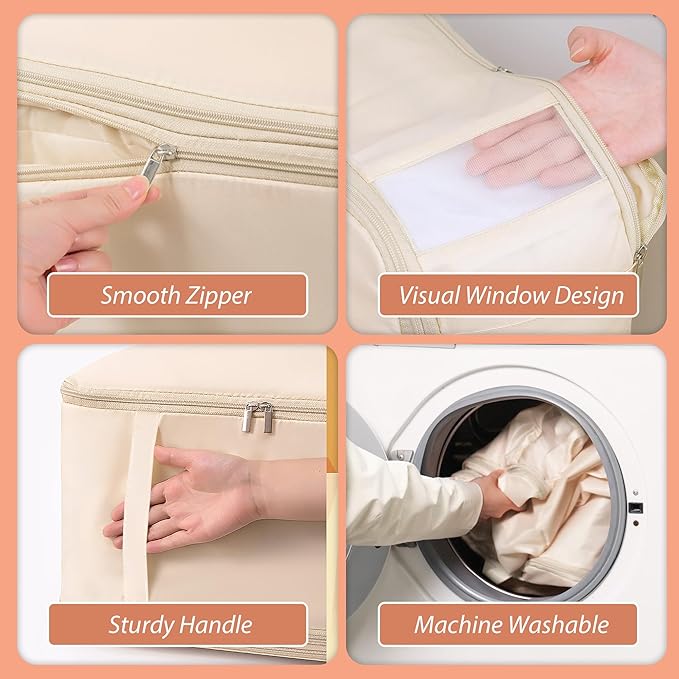 Veki Comforter Storage Bag, Space Saving Self Compression Foldable Blanket Storage Bags, Closet Organizer With Handle and VisualiZation Window, Large capacity 130L for Bedding, Clothes (Apricot L)