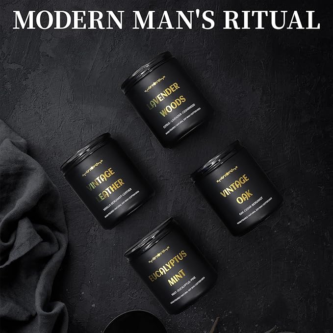 Scented Candles for Men, 4 Pack Mens Candle Set, Soy Candles for Home Scented, Masculine Candle Gifts for Him, 28oz, 200 Hours Burning Time Aromatherapy Candles of Lavender/Eucalyptus/Leather/Oak