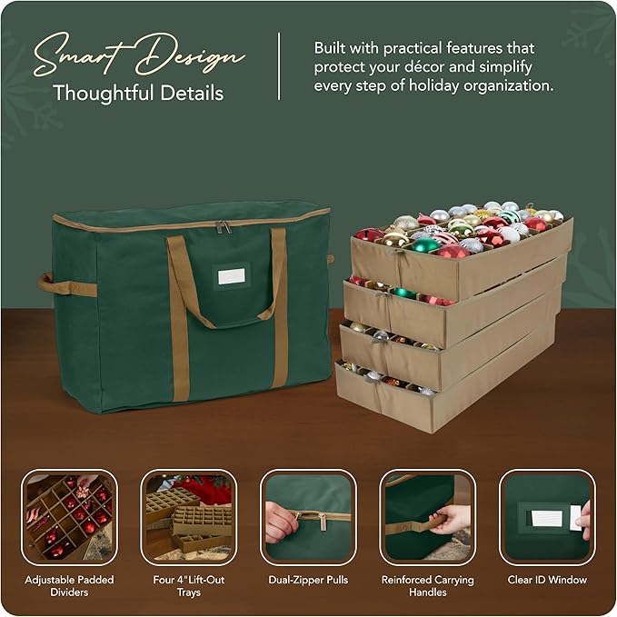 Covermates Keepsakes Adjustable Ornament Storage Bag – Heavy-Duty Polyester, Padded Dividers & FlexGrid Trays – Protective Holiday Ornament Organizer with Handles & Label Window, Green