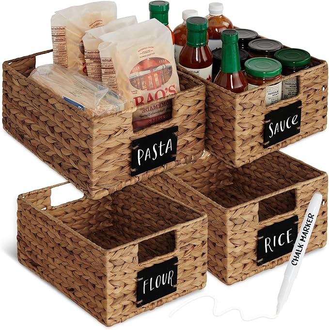 Best Choice Products Set of 4 9x12in Water Hyacinth Pantry Baskets, Woven Organizers w/Chalkboard Label, Chalk Marker - Chestnut