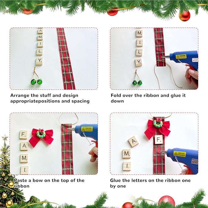 Christmas Ornaments Tree Decorations Personalized Crafts for Adults Kit DIY Ribbon Letter Tiles Bells Rustic Stockings Name Tags Hanging Xmas Decor for Gifts Wreath Holiday(Tartan)