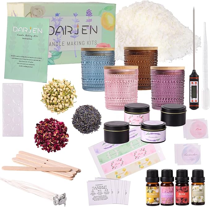 DARJEN Candle Making Kits for Adults - Candle Making Supplies with 4 Candle Jars(Amber, Pink, Blue, Purple), Candle Tins, Soy Wax, Scents, Dried Flower & More, DIY Starter Candle Making Kit Home Decor