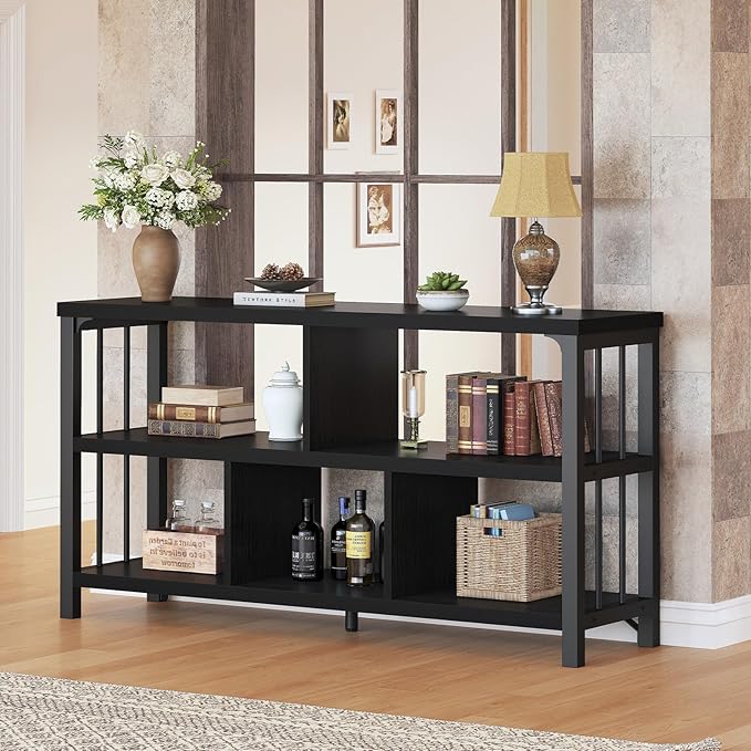 IBF Horizontal Cube Book shelf, Industrial Modern Open Bookshelf, Low Wide Home 5 Cube Storage Organizer Long Shelf for Bedroom, Short Wood and Metal Cubby Book Shelf for Living Room, Black Oak, 47 In