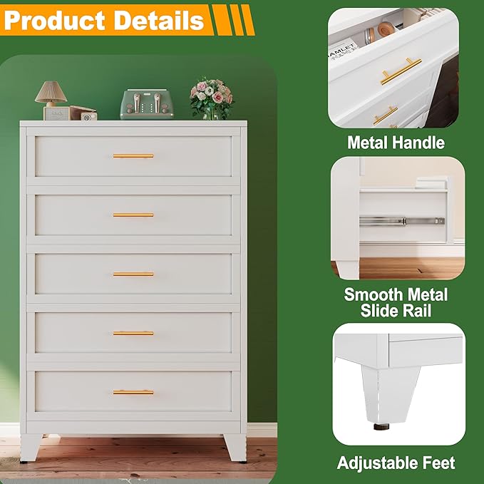 Ckzbx Metal Dresser Tall White Dresser for Bedroom Chest,53.54" H White Drawer Chest, Closet Dressers & Chests of Drawers for Living Room, Hallway (5 Drawers)