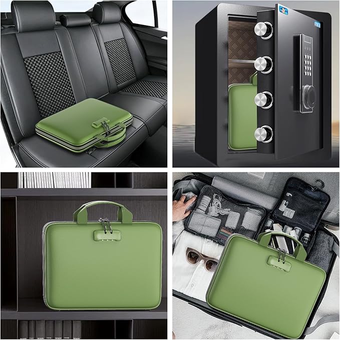 Fireproof File Organizer with Lock, Hard Case Fireproof Document Box with 13 Colorful Pockets Accordion File Folder, Important Document Organizer for Letter A4 Files Laptop Passports (Green)
