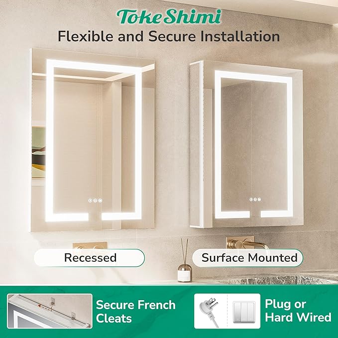 TokeShimi 24x32 Anti-Fog Led Medicine Cabinet Mirrored for Bathroom Surface or Recessed, Medicine Cabinet Mirror with Lights 3 Color Dimmable and Sockets, 2-Side Mirror with Storage UL-Listed Driver