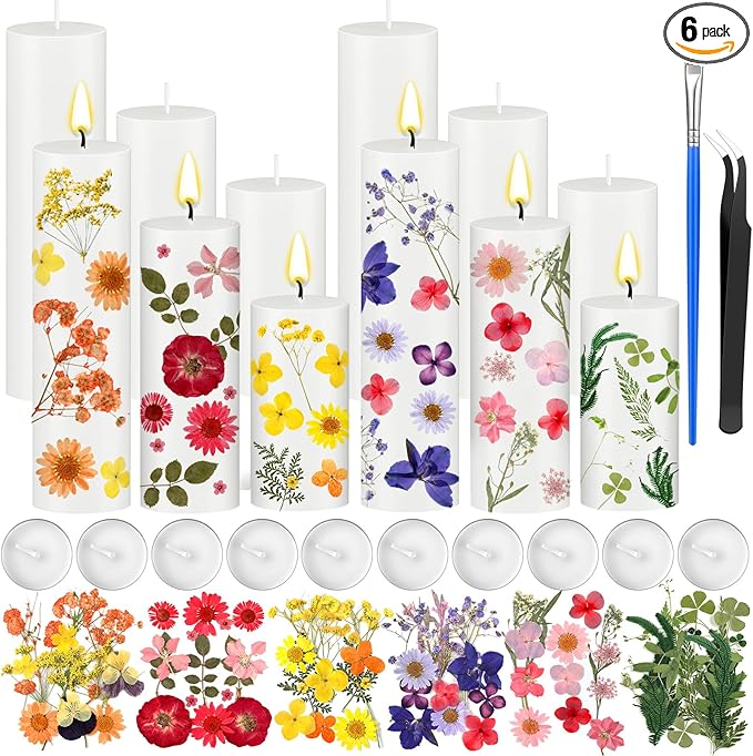 MTLEE 24 Pack Dried Pressed Flower Candle Painting Kit 6 White Pillar 6 Dried Pressed Flower 10 Tealight Candle Tweezer Brush for Galentines Girls Night Birthday Wedding Party DIY Crafts(4/6/8 Inch)