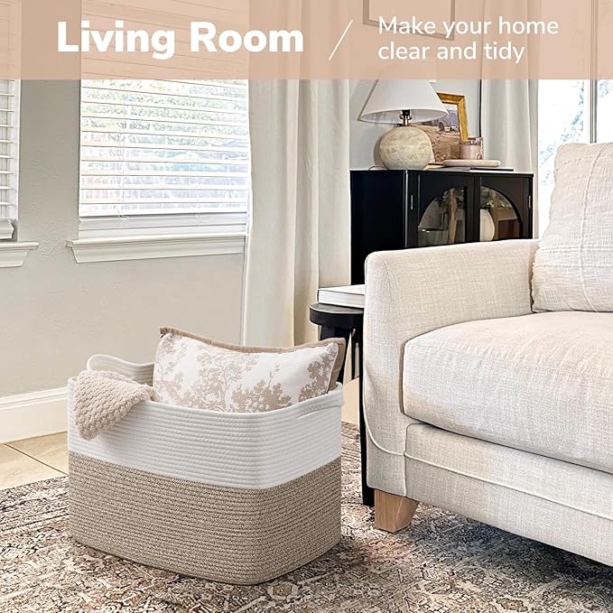 Goodpick Woven Baskets for Organizing, 18" x 14" x 12" Blanket Storage for Living Room Home Decor, Rectangle Toy Storage Basket for Kids, Large Gift Baskets Empty, White & Brown
