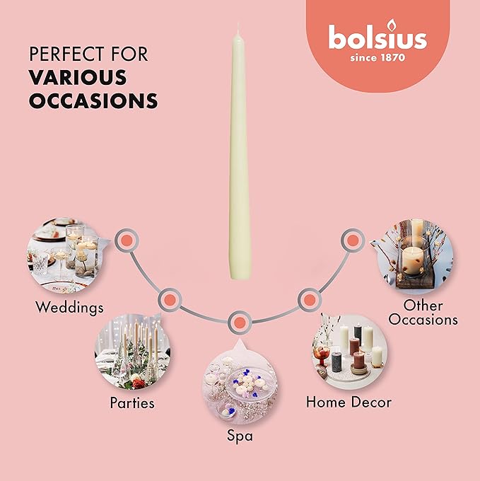 BOLSIUS Long Household Ivory Taper Candles - 10-inch Unscented Premium Quality Wax - 8 Hours Long Burning Dripless Candles Bulk Pack of 30 for Home Décor, Wedding, Parties and Special Occasions