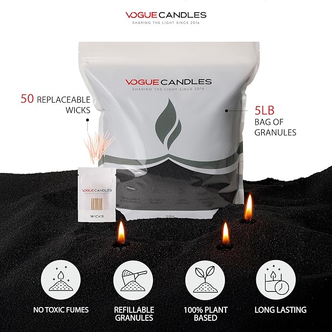 Vogue Candles Black Pearled Candle Sand Wax (5 LB) – Mother’s Day Candle Kit with 50 Cotton Wicks for DIY Home Lighting – Plant-Based & Reusable Wax Granules Refill for Clean Burning & Custom Vessels