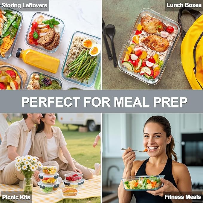 KAMOTA Glass Food Storage Containers, Grey Glass Meal Prep Containers, Airtight Containers with Snap-Lock Lids, Set of 12, for Microwave/Oven/Freezer/Dishwasher