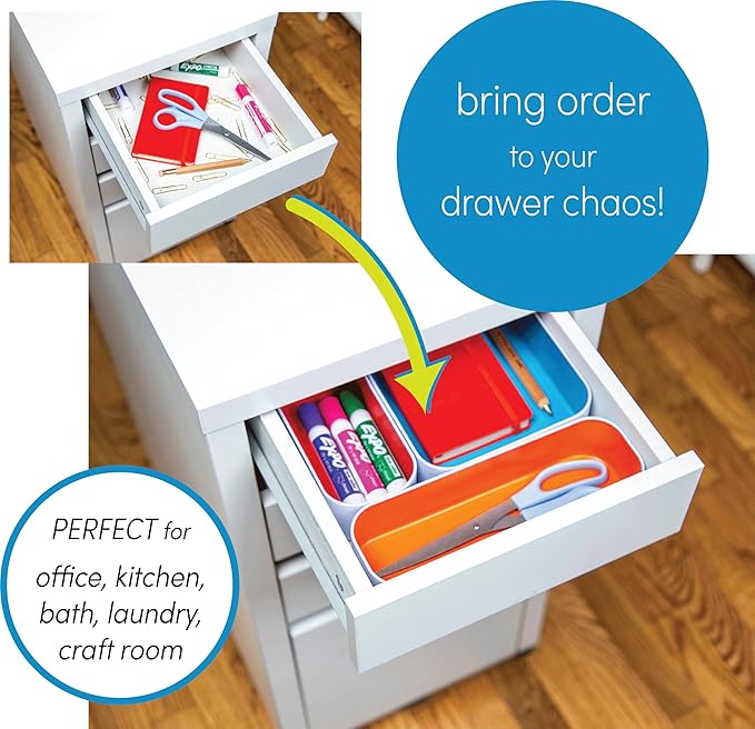 Three by Three Seattle 5 Piece Metal Organizer Tray Set for Storing Makeup, Stationery, Utensils, and More in Office Desk, Kitchen and Bathroom Drawers (2 Inch, Assorted Colors)