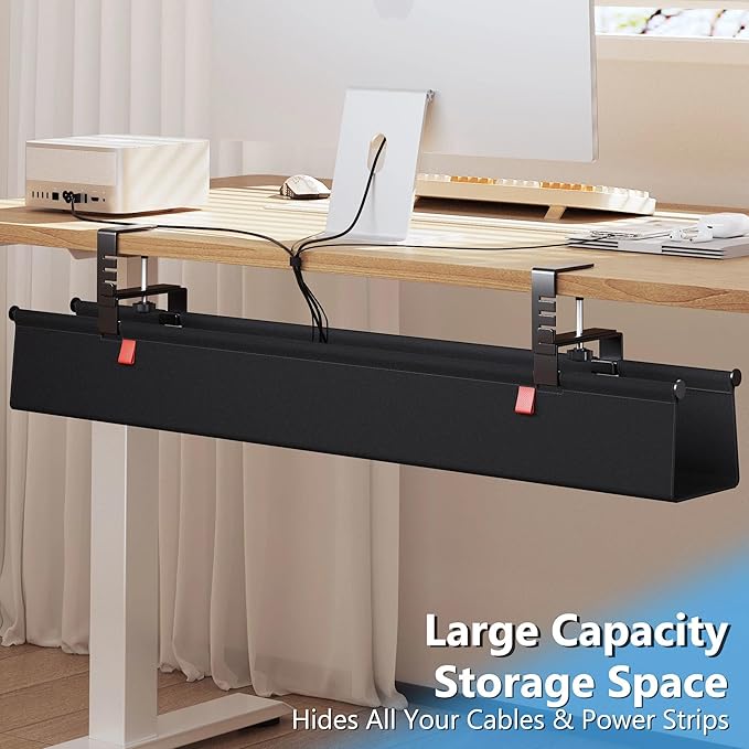 Litwaro Under Desk Cable Management Tray No Drill, 40.6" Cord Organizer with Clamp for Standing Desk, Premium Fabric Cable Tray with Wire Management for Office Home, Black