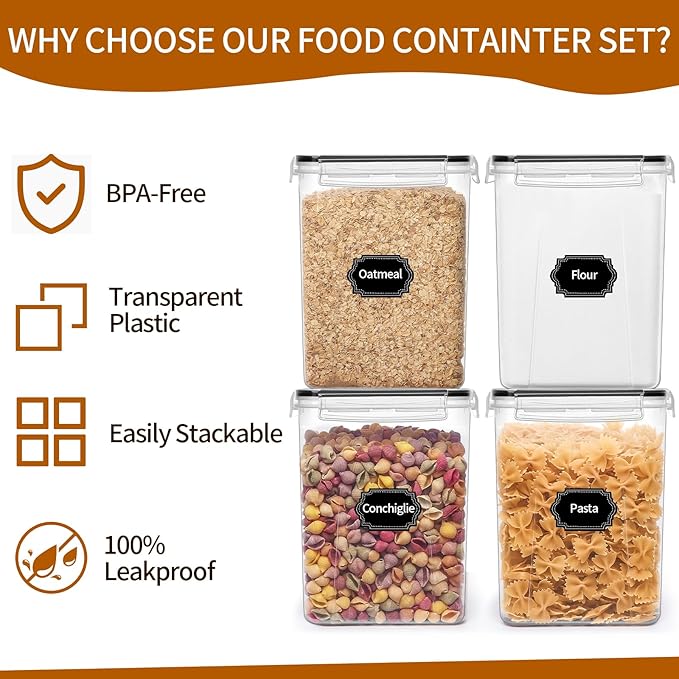 4 Pack Large Airtight Food Storage Containers with Lids (5.2L / 176oz), BPA Free Plastic Kitchen and Pantry Organization Contianers for Cereal Flour and Sugar Storage, Labels & Marker